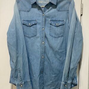 Gap 1969 Men’s Classic Western Pearl Snap Denim Shirt | Large Tall | Med Indigo